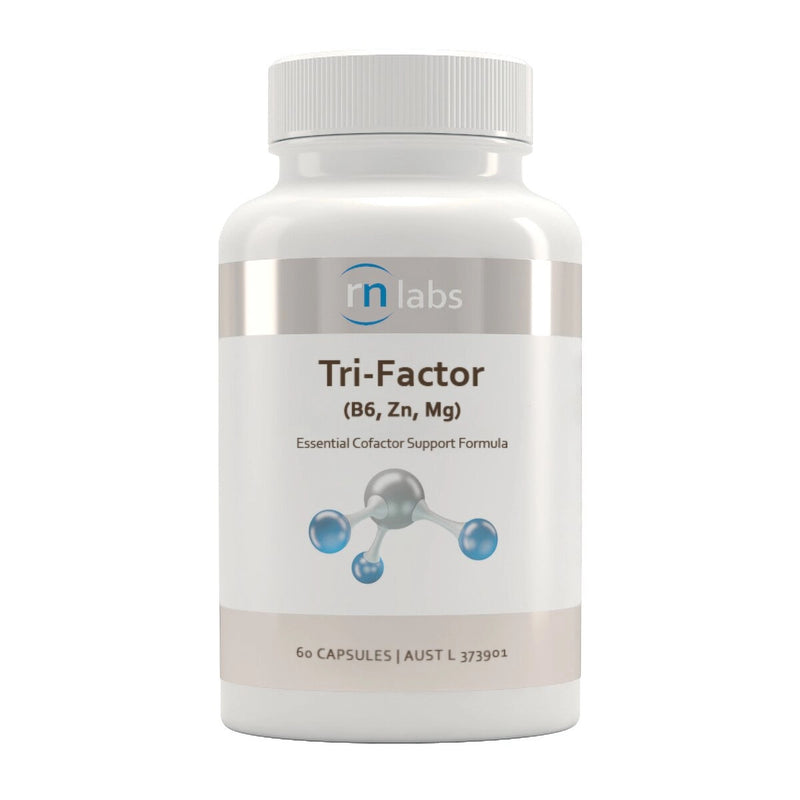 a white supplement bottle that says rn labs tri-factor b6, Zn,Mg essential cofactor support formula 60 capules