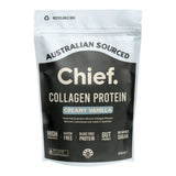 Image of a supplement packet which says australian sourced chief collagen protein creamy vanila grass fed australian bovine collgen powder sourced, hydrolysed and made in australia