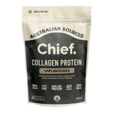 Image of Australian Sourced Chief packet which says Colagen protein unflavoured 100% Grass-fed Australian Bovine Collagen Powder Sourced, hydrolysed and made in australia 96% protein, Gluten free, Dairy free protein, gut friendly, zero sugar