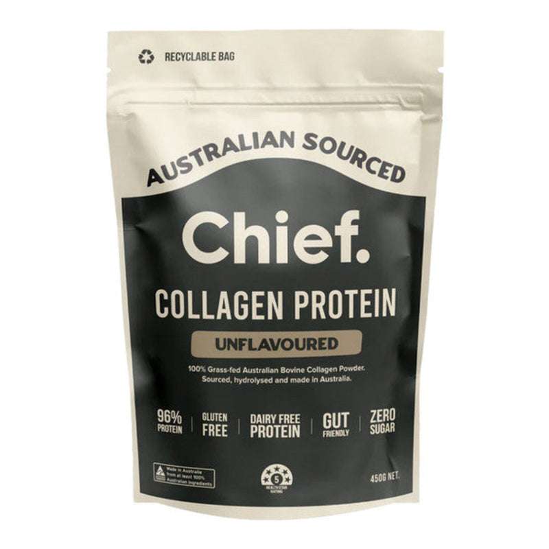 Image of Australian Sourced Chief packet which says Colagen protein unflavoured 100% Grass-fed Australian Bovine Collagen Powder Sourced, hydrolysed and made in australia 96% protein, Gluten free, Dairy free protein, gut friendly, zero sugar