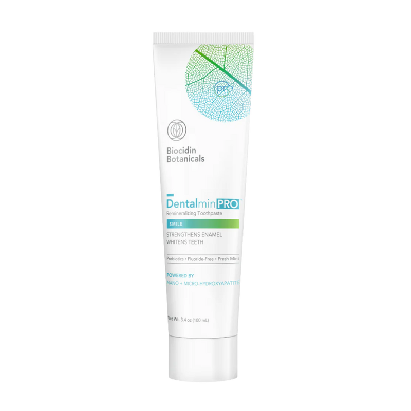 An image of a white toothpast tude that says Biocidin Botanicals, Dentalmin PRO