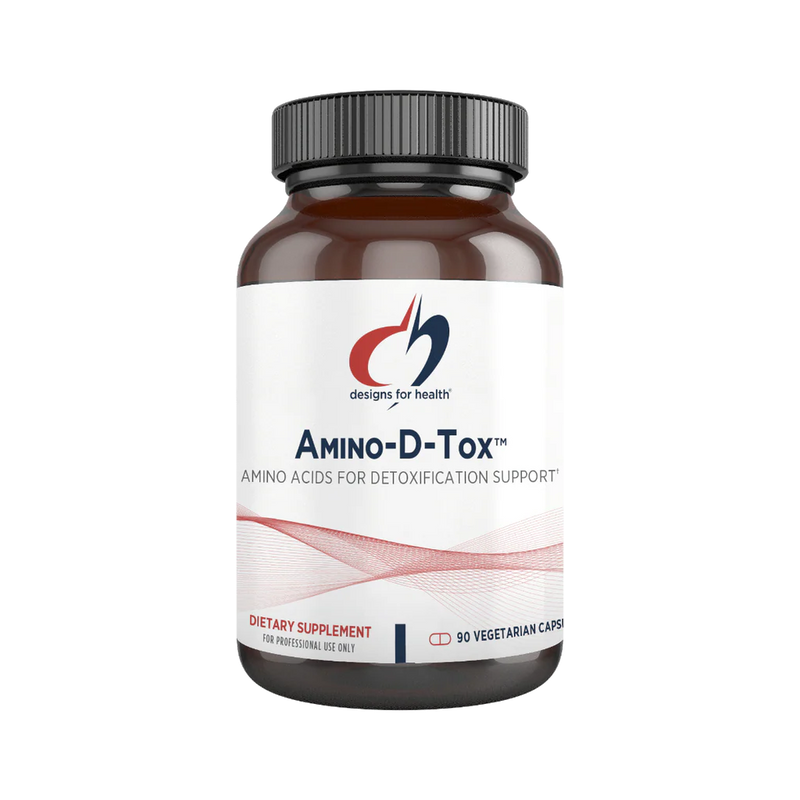 A white suppelment bottle that says designs for health Amino-D-Tox Amino acids for dextoxification support 90 vegetarian caps