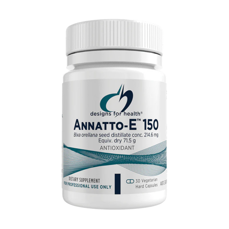 Image of a white supplement bottle that says desigsn for health annatto-e 150 bixa orellana seed distillate conc. 214.6mg equv. dry 71.5g antioxidant dietary supplement 30 vegetarian hard capsules