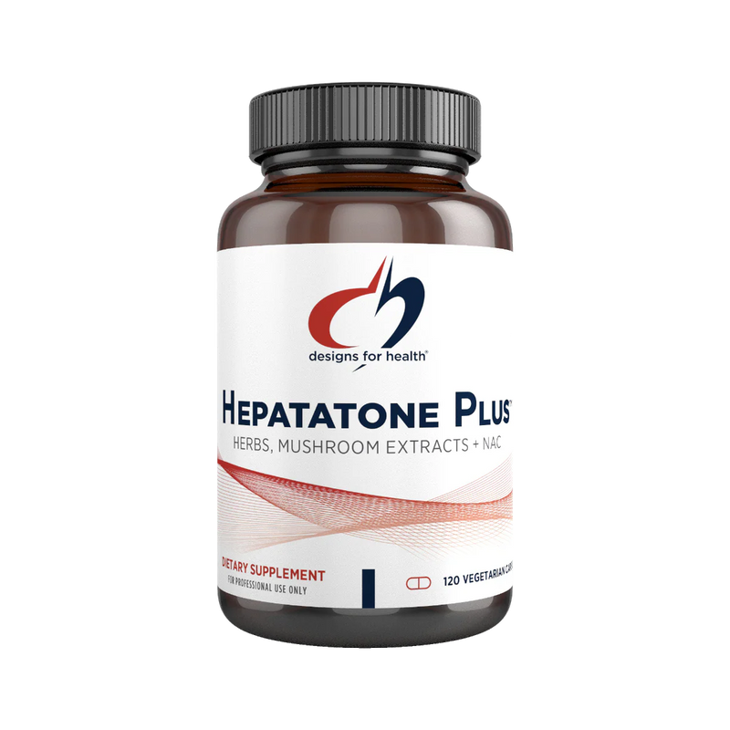 Supplement bottle labeled 'Hepatatone Plus' by Designs for Health on a white background