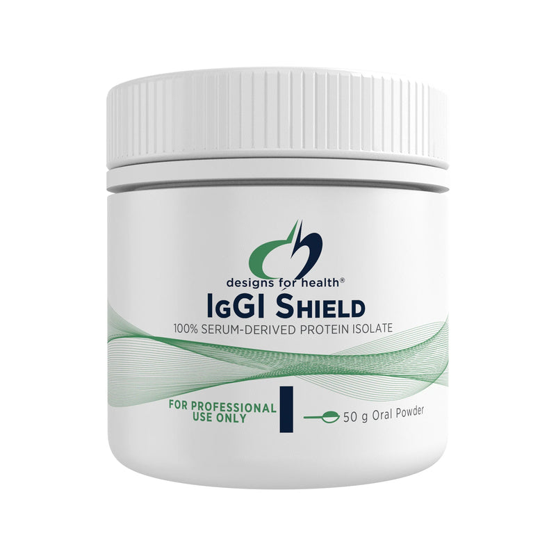 Jar of IgGI Shield protein powder with 'Designs for Health' branding on a white background