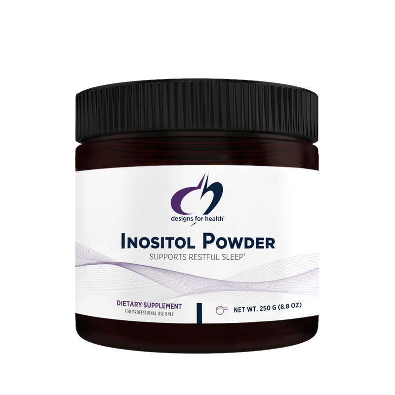 Image of a white supplement bottle that says designs for health inositol powder supports restful sleep dietary supplement Net w 250g