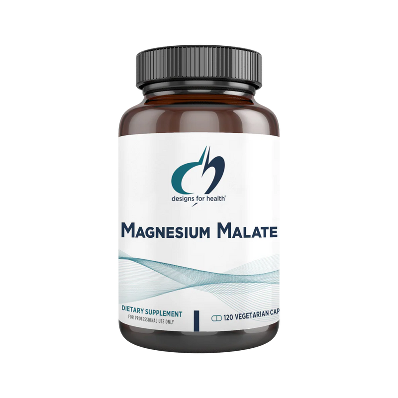 Image of a white supplement bottle that says designs for health magnesium malate dietary supplement 120 vegetarian capsules
