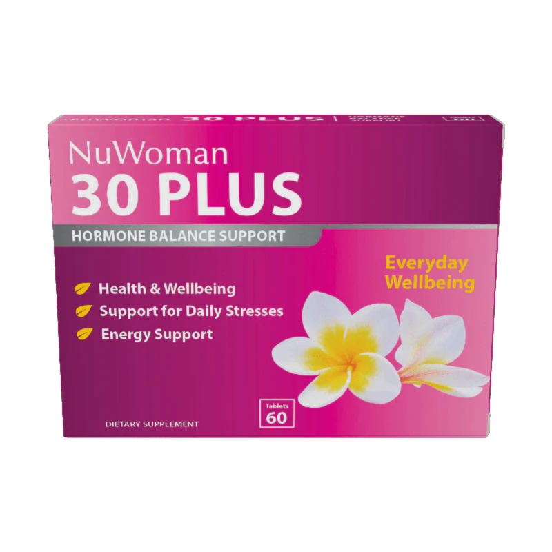 A Supplement container with the name 30 Plus   Hormone Balance Support (60 Tabs) by NuWoman.