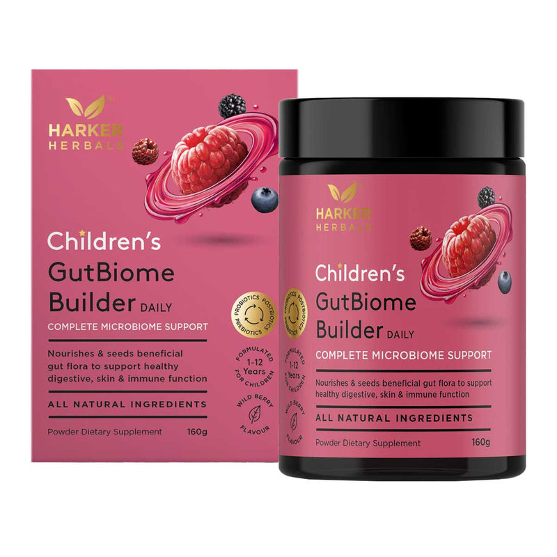 Image of Harker Herbals pink box package children's Gutbiome builder daily complete microbimome support nourishes and seeds benefical gut flora to support healthy digestive skin and immune function all natural ingredients powder dietary supplement 160g