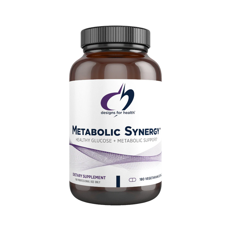 Iage of a white supplement bottle which says metabolic synergy healthy glucose + Metabolic support dietary supplement 180 vegetarian caps
