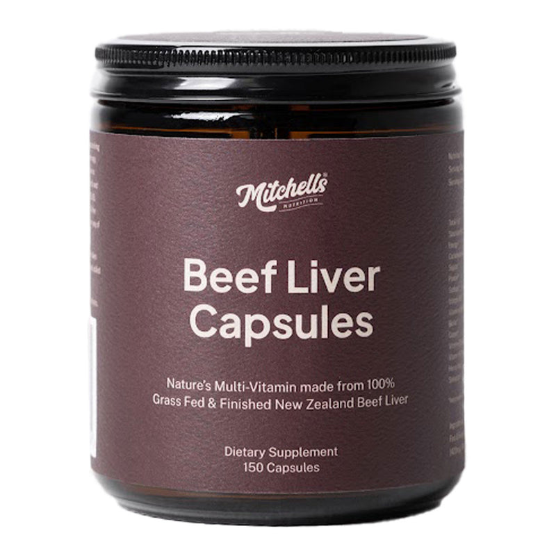 A Supplement container with the name Beef Liver Capsules by Mitchell's Nutrition.