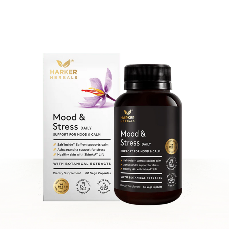 Image of a white supplement box packaging that says harker herbals mood and stress daily support for mood and calm safr inside saffron supports calm ashwagandha support for stress healthy skin with skinax lift with botanical extracts dietary supplement 60 vege capsules