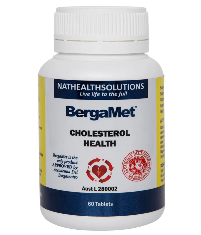 Bottle of BergaMet cholesterol health supplement with NatHealthSolutions branding on a white background