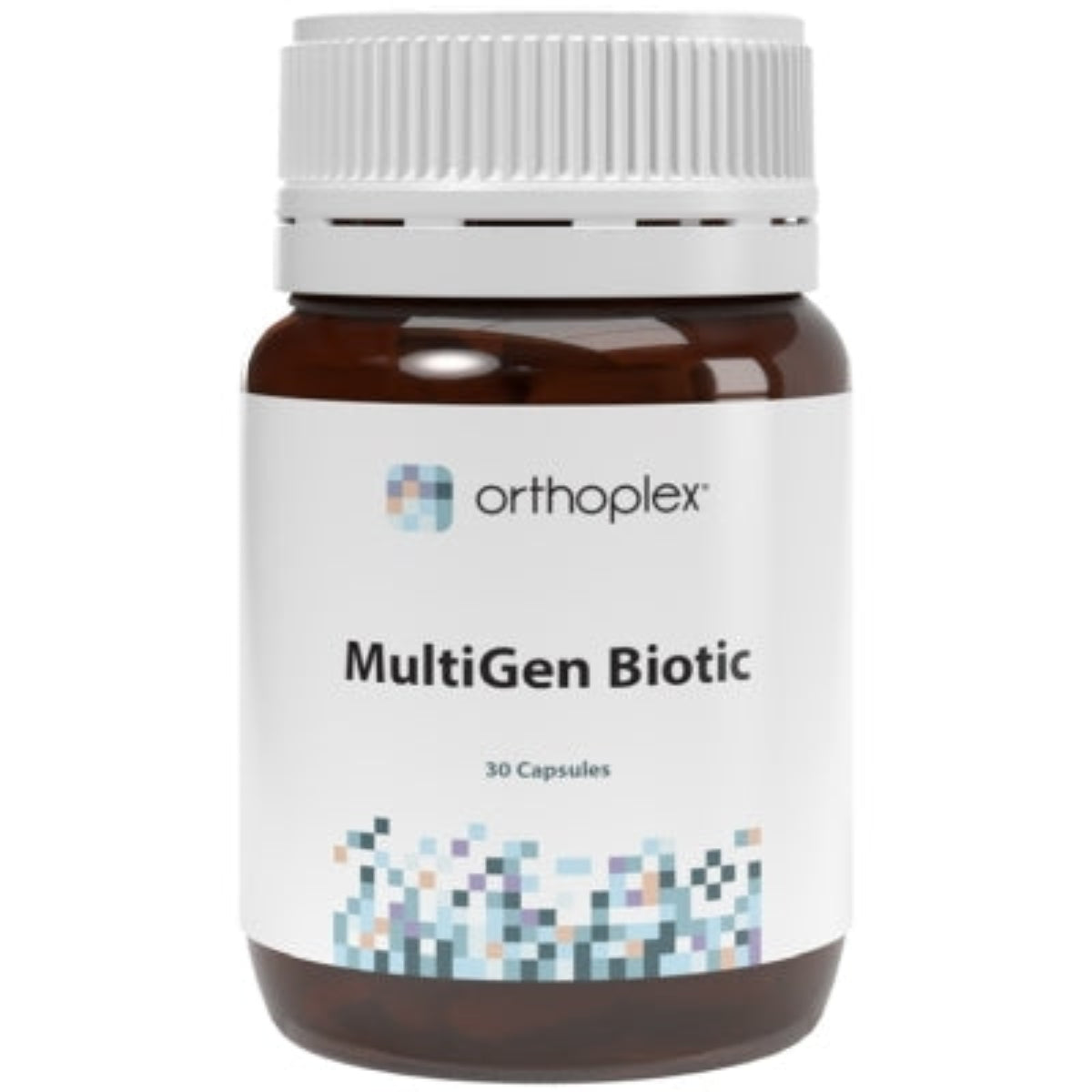 A Supplement container with the name MultiGen Biotic (30 caps) by Orthoplex White.