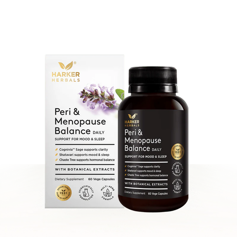 Image of a white suppelement box package that says harker herbals peri and menopause daily support for mood and sleep conivia sage supports clarity shatavari supports ood and sleep, chaste tree supports hormonal balance with botanical extracts dietary supplement 60 vege capsules