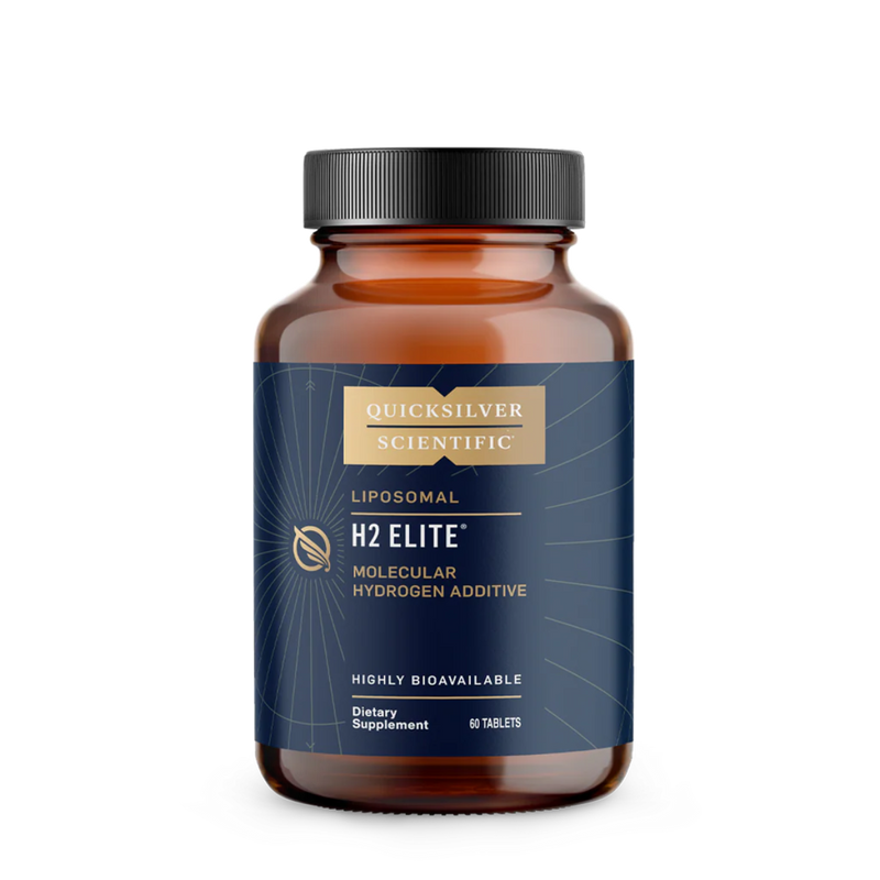 Image of a brown bottle that says quicsilver scientific liposomal h2 elite molecular hydrogen addictive highly bioavailable dietary supplement 60 tablets