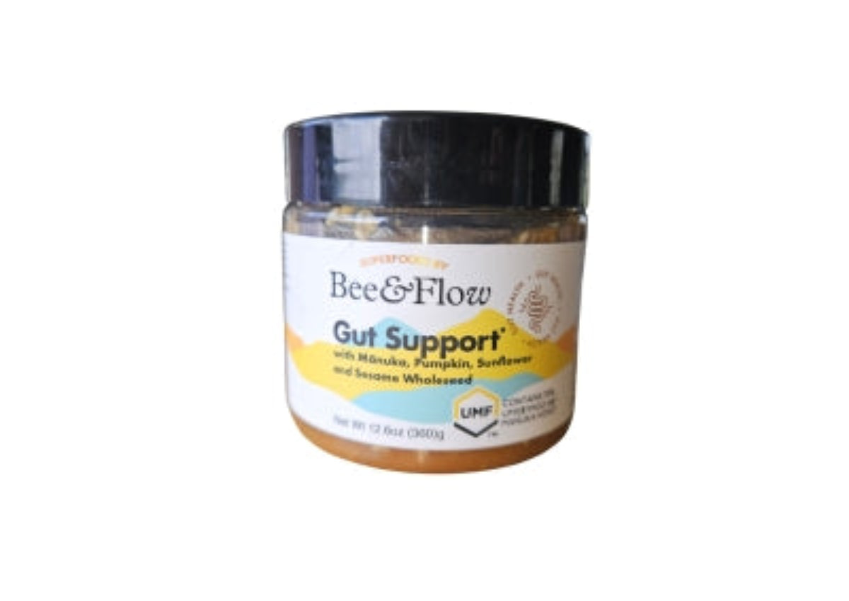 A Supplement container with the name Gut Support by Bee_7_Flow_Manuka