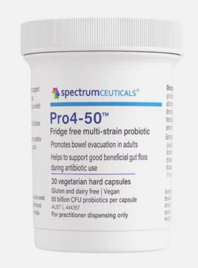 A Supplement container with the name Pro4-50 (30 caps) by Spectrumceuticals.