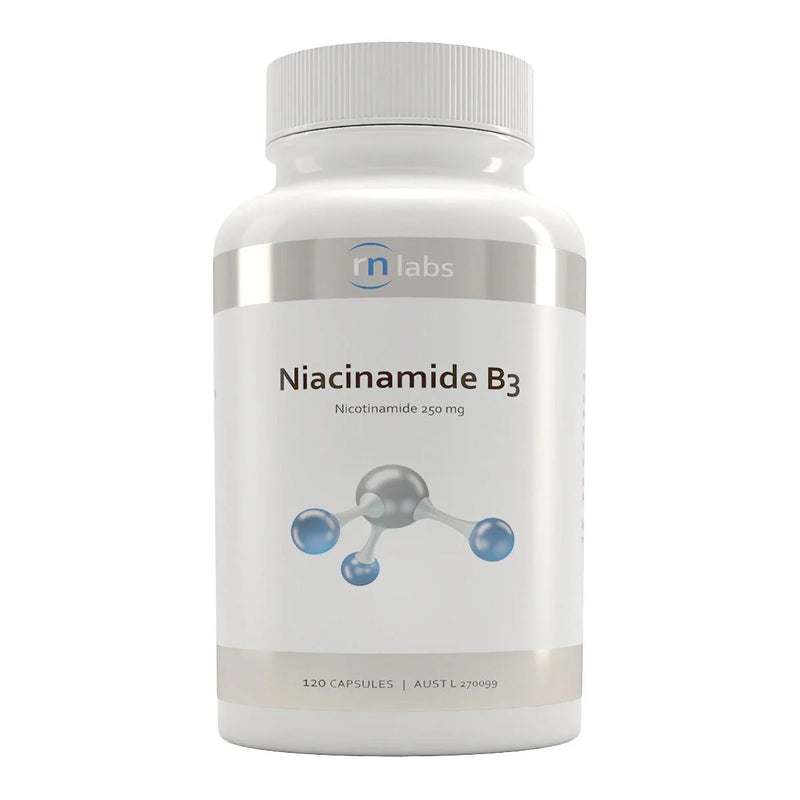 an image of a white supplement bottle that says niacinamide B3 Nicotinamide 250mg