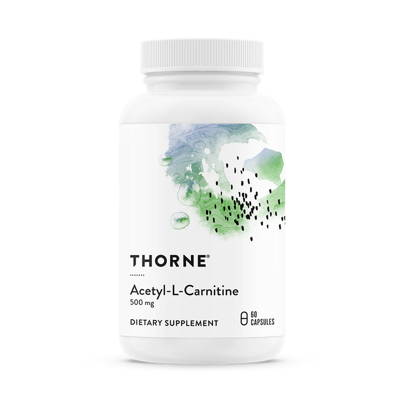 A Supplement container with the name Acetyl-L-Carnitine by Thorne.