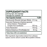 Ingredients including Nicotinamide Riboside Hydrogen Malate, Quercetin Phytosome, Sophora japonica extract flower, Phospolipid, Sunflower, Trans-Resveratrol, Betaine Anhydrous, TMG, Trimethylglycine.