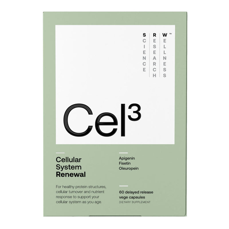 Image of a green box that has the title Cel3, product from SRRW cellular System Renewal For healthy protein structures, celluar turnover and nutrient response to support your cellular system as you age. 60 vege caps