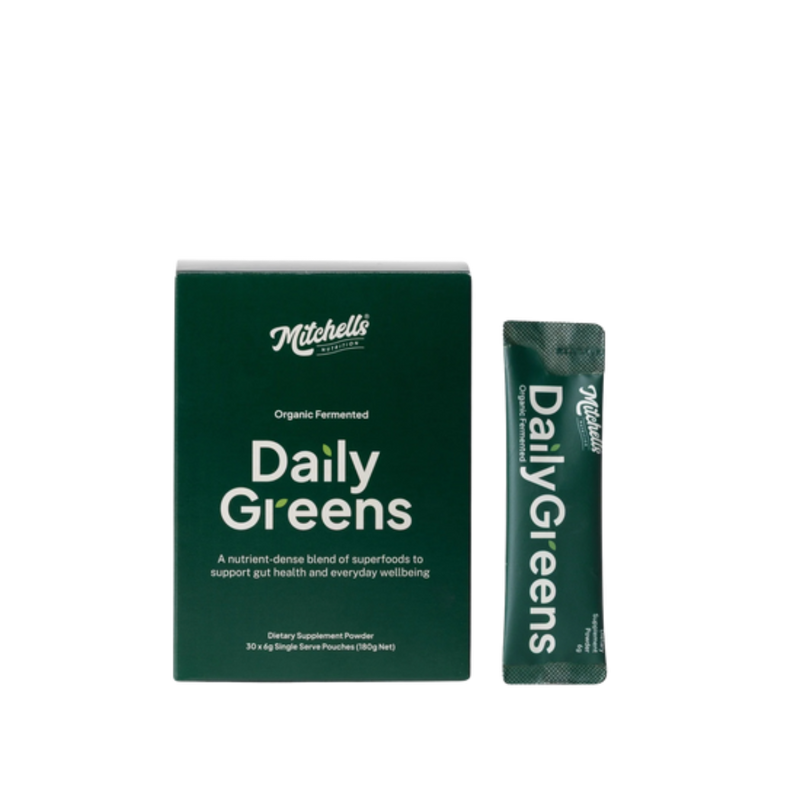A Box of single sachets (30) of Daily Greens by Mitchells Nutrition.