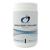 A white supplement container that says designs for health whole body collagen 100% collagen 375g oral powder