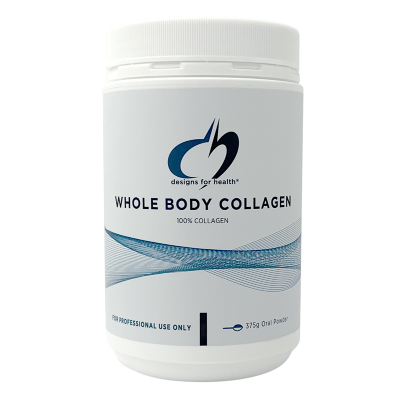 A white supplement container that says designs for health whole body collagen 100% collagen 375g oral powder