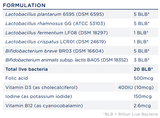 Text describing the ingredients for a probiotic called Biome Prenatal+ including Lactobacillus plantarum 6595 (DSM 6595), Lactobacillus rhamnosus GG (ATCC 53103), Lactobacillus fermentum LF08 (DSM18297), Lactobacillus crispatus LCR01 (DSM 24619), Bifidobacterium breve BR03 (DSM 16604), bifidobacterium animalis subsp. lactis BA05 (DSM 18352), Folic acid, Vitamin D3 (as cholecalciferol), Iodine (as potassium iodide) and vitamin B12 (as cyancobalamin)