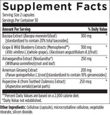 Text listing the ingredients including Bacopa Extract, Bacopa monnien, Memophenol, Vitis Vinifera. Vaccinium angustifolium, Ashwagandha , NooGandha, Withania somnifera, American Ginseng Extract, Panax quinquefolius, Huperzina Serrata, cellulose (capsule), microcrystalline cellulose, vegetable sterate, silicon dioxide