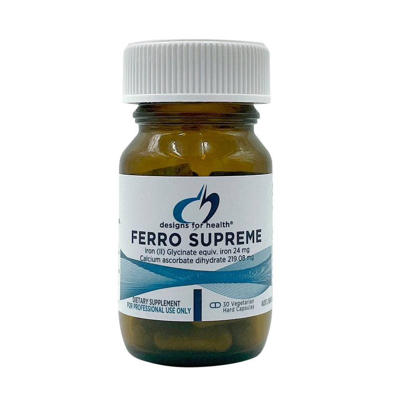Imag eof a white supplement bottle that says desigsn for health ferro supreme iron (II) Glycnate equiv. iron 24mg calcium ascorbate dihydrate 219.08mg 30 vegetarian hard capsules