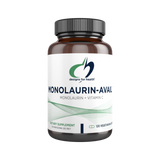 White supplement bottle that says designs for health monolaurin- avail Monolaurin+Vitamin C Dietary supplement 120 vegetarian caps