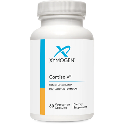 A Supplement container with the name Cortisolv by Xymogen.