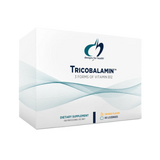 Image of a supplement box that says designs for health Tricobalain 3 forms of vitamin B12 dietary supplement oragnge flavour 60 lozenges 