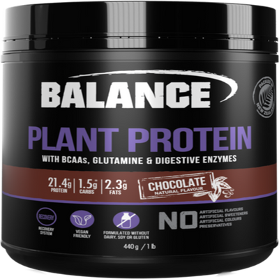 A Supplement container with the name Plant Protein (400g Chocolate flavour) by Balance.