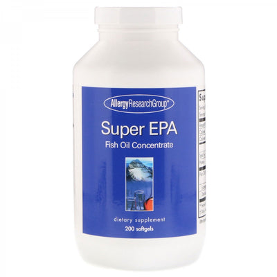 A Supplement container with the name Super EPA, Fish Oil Concentrate by Allergy Research Group.