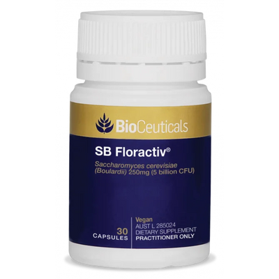 A Supplement container with the name SB Floractiv (30 Caps) by BioCeuticals.