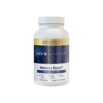 A Supplement container with the name Memory Boost by Eco Nugenics.