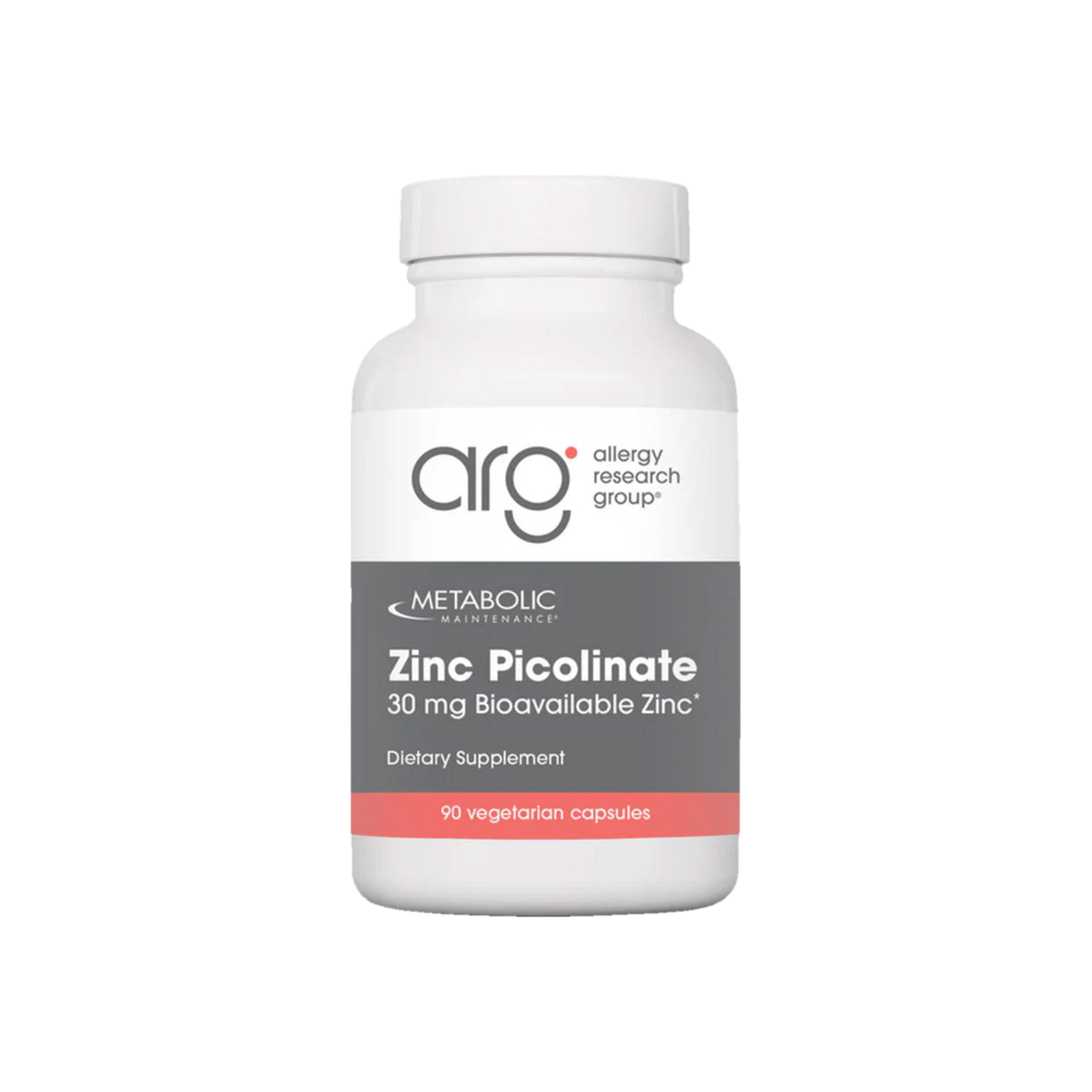 A Supplement container with the name Zinc Picolinate (30mg) by Metabolic Maintenance.