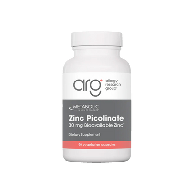 A Supplement container with the name Zinc Picolinate (30mg) by Metabolic Maintenance.