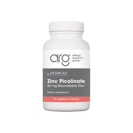 A Supplement container with the name Zinc Picolinate (30mg) by Metabolic Maintenance.