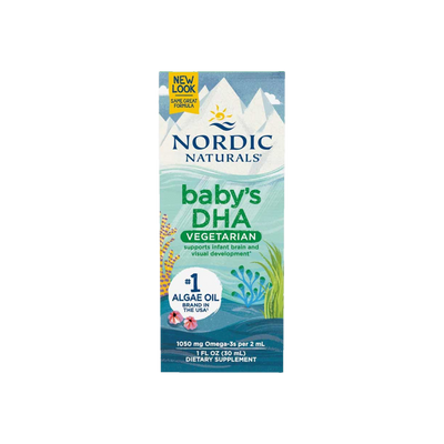 A Supplement container with the name Baby's DHA Vegetarian by Nordic Naturals.