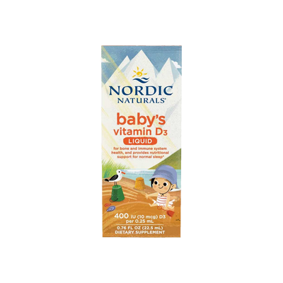 A Supplement container with the name Baby's Vitamin D3 Liquid by Nordic Naturals.