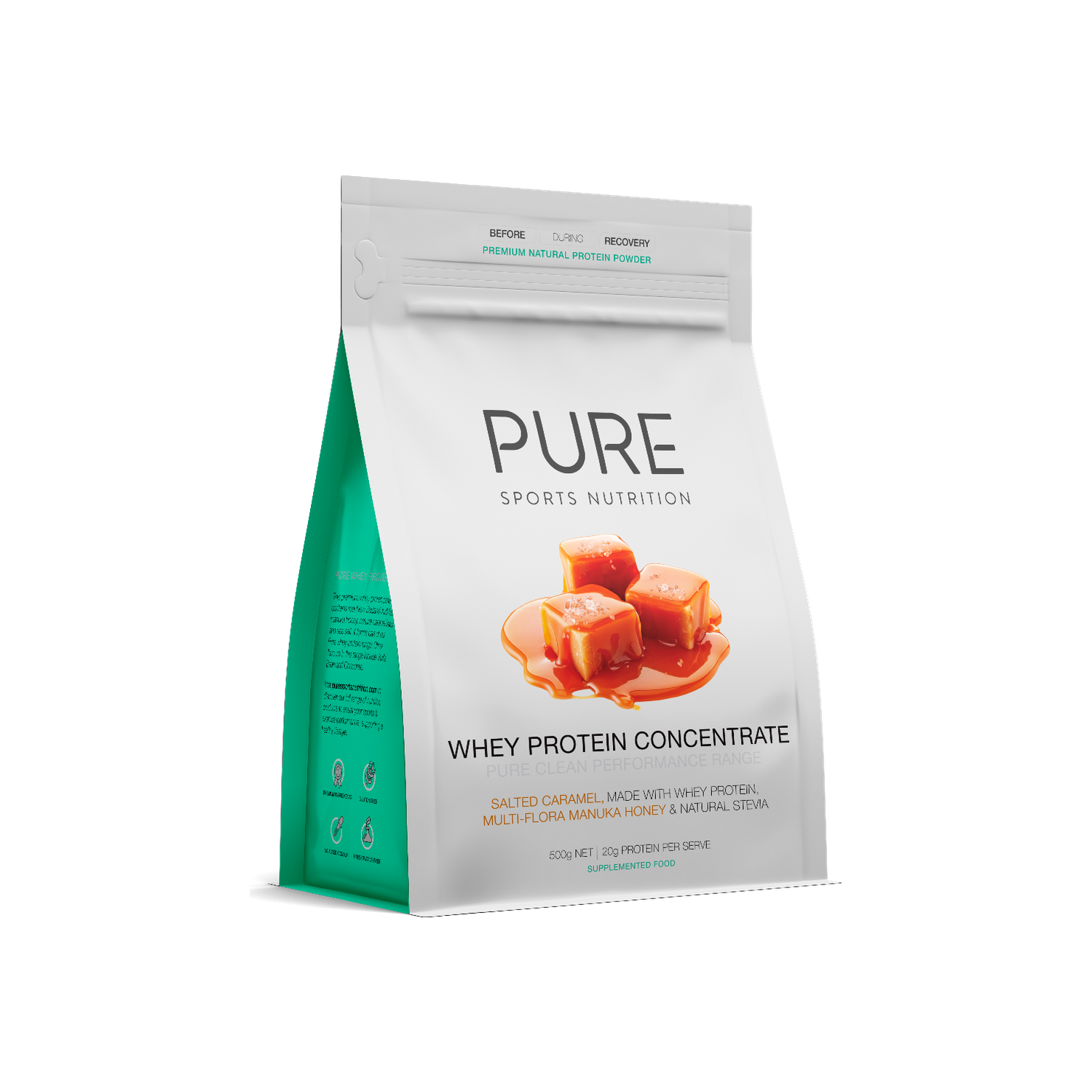 A Supplement bag with the name Whey Protein Concentrate (Salted Caramel 500g) by Pure Sports Nutrition.