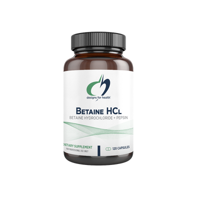 A supplement container of Betaine HCI by Designs for Health - USA