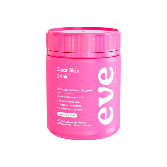 A supplement container of Clear Skin Drink by Eve
