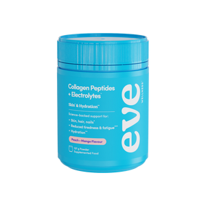 A supplement container of Collagen Peptides + Electrolytes Peach Mango by Eve