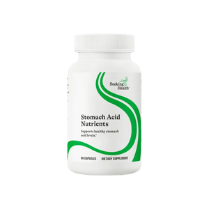 A Supplement container with the name Stomach Acid Nutrients by Seeking Health.