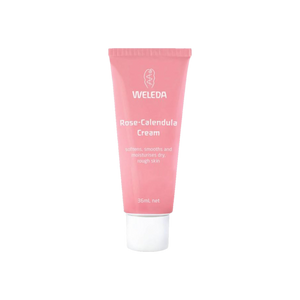 A pink squeeze tube of Rose-Calendula Cream made by Weleda.